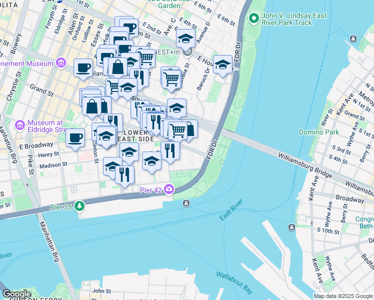 map of restaurants, bars, coffee shops, grocery stores, and more near 457 FDR Drive in New York