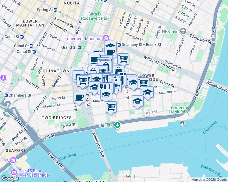 map of restaurants, bars, coffee shops, grocery stores, and more near 217 Madison Street in New York