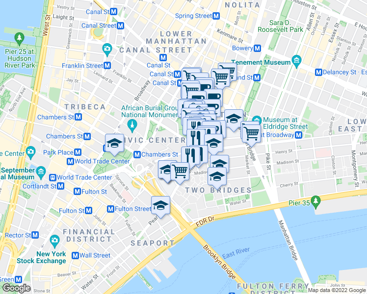 map of restaurants, bars, coffee shops, grocery stores, and more near 215 Park Row in New York