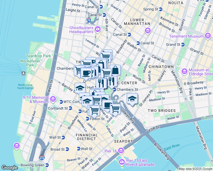 map of restaurants, bars, coffee shops, grocery stores, and more near in New York