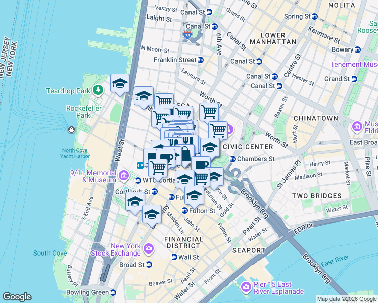 map of restaurants, bars, coffee shops, grocery stores, and more near in New York