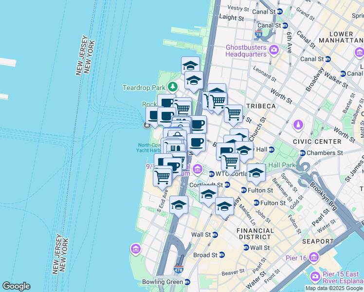 map of restaurants, bars, coffee shops, grocery stores, and more near 225 Liberty Street in New York