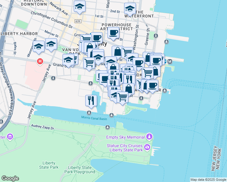 map of restaurants, bars, coffee shops, grocery stores, and more near in Jersey City