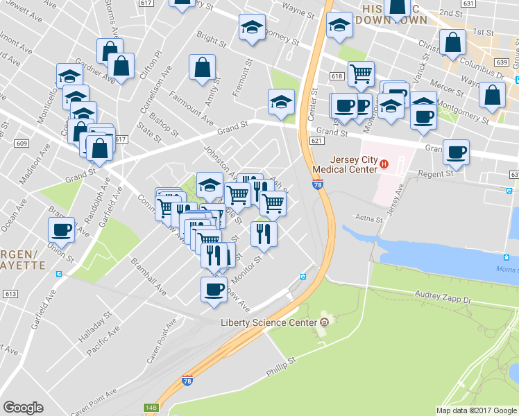 map of restaurants, bars, coffee shops, grocery stores, and more near 293 Pine Street in Jersey City