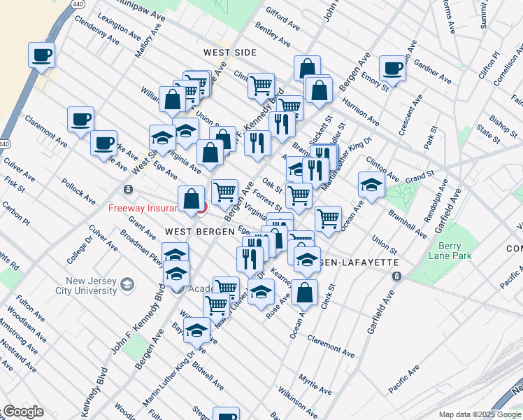 map of restaurants, bars, coffee shops, grocery stores, and more near 95 Virginia Avenue in Jersey City