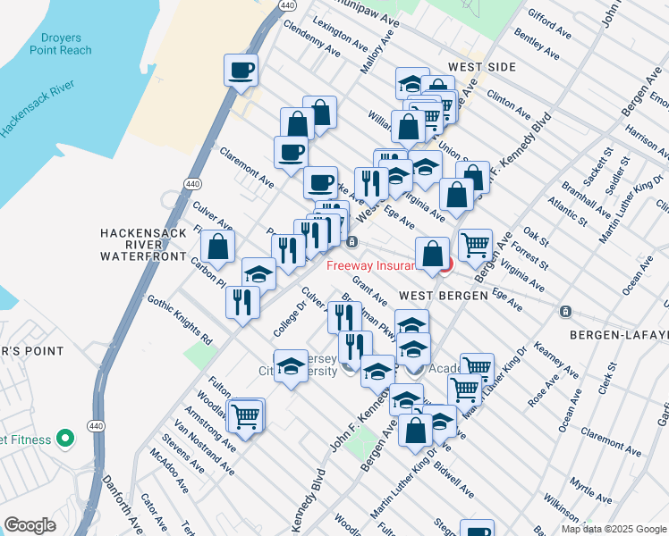 map of restaurants, bars, coffee shops, grocery stores, and more near 74 Broadman Parkway in Jersey City