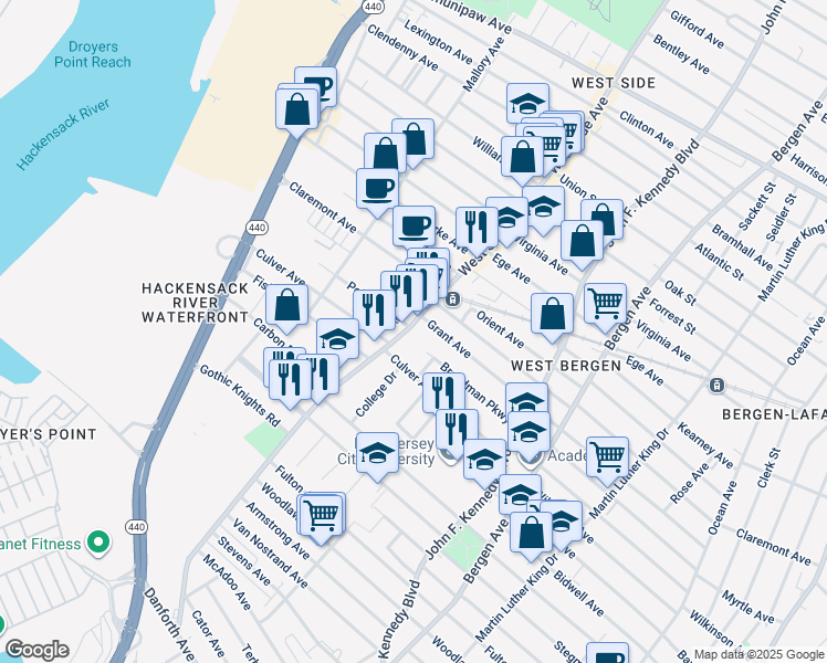 map of restaurants, bars, coffee shops, grocery stores, and more near 322 West Side Avenue in Jersey City