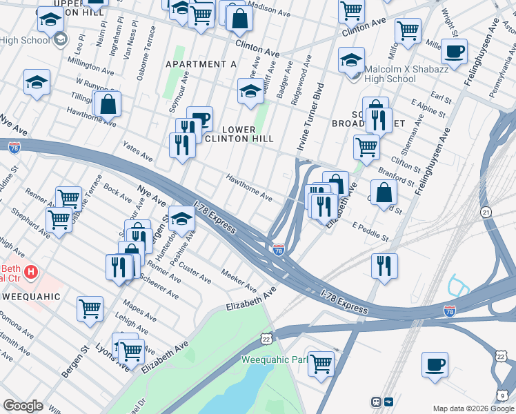 map of restaurants, bars, coffee shops, grocery stores, and more near 303 Ridgewood Avenue in Newark