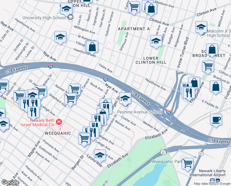 map of restaurants, bars, coffee shops, grocery stores, and more near 384-386 Chadwick Avenue in Newark