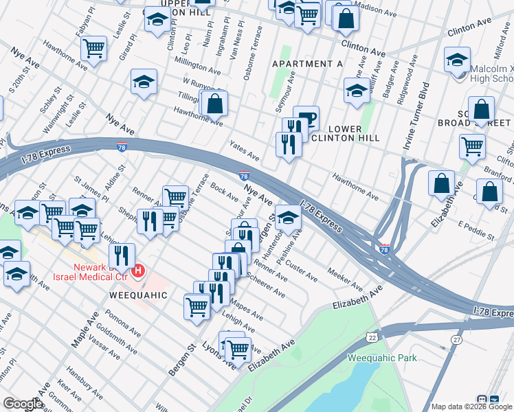 map of restaurants, bars, coffee shops, grocery stores, and more near 384-386 Chadwick Avenue in Newark