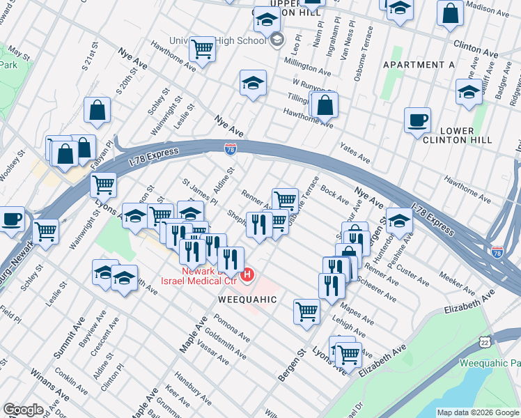 map of restaurants, bars, coffee shops, grocery stores, and more near 133 Huntington Terrace in Newark
