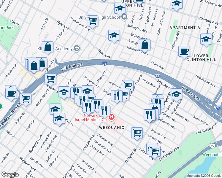 map of restaurants, bars, coffee shops, grocery stores, and more near in Newark