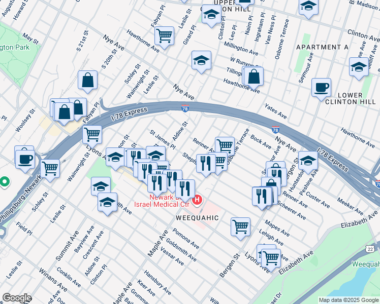 map of restaurants, bars, coffee shops, grocery stores, and more near in Newark