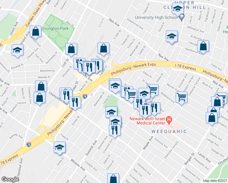 map of restaurants, bars, coffee shops, grocery stores, and more near 378 Lyons Avenue in Newark