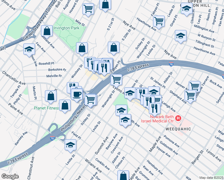 map of restaurants, bars, coffee shops, grocery stores, and more near 321 Leslie Street in Newark