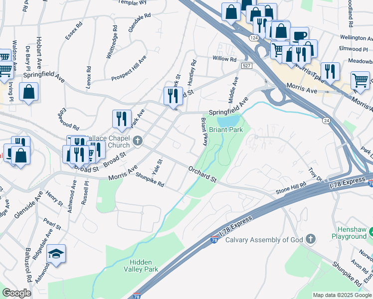 map of restaurants, bars, coffee shops, grocery stores, and more near 112 Orchard Street in Summit