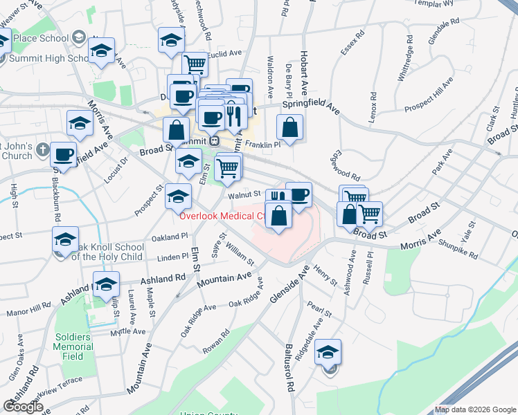map of restaurants, bars, coffee shops, grocery stores, and more near 46 Beauvoir Avenue in Summit