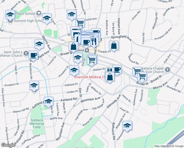 map of restaurants, bars, coffee shops, grocery stores, and more near 235 Morris Avenue in Summit