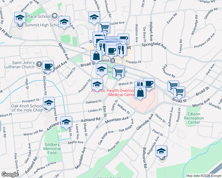 map of restaurants, bars, coffee shops, grocery stores, and more near 250 Morris Avenue in Summit