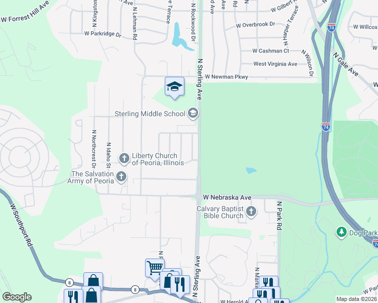 map of restaurants, bars, coffee shops, grocery stores, and more near 2508 West Flint Street in Peoria