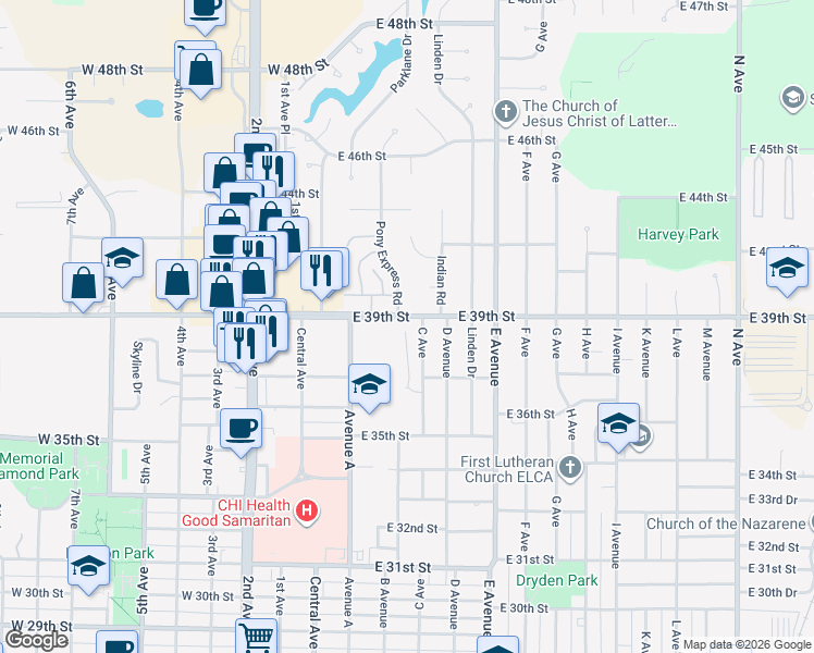 map of restaurants, bars, coffee shops, grocery stores, and more near in Kearney