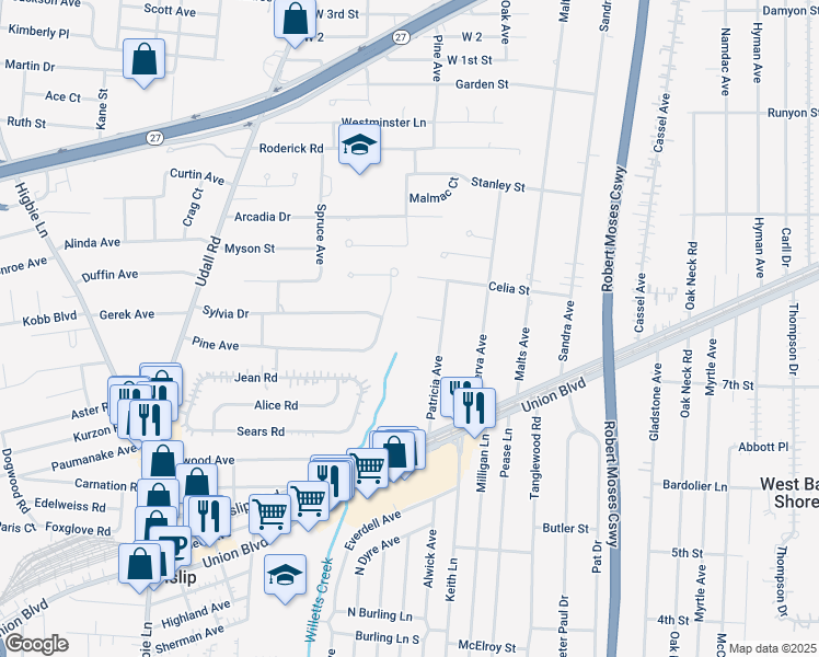 map of restaurants, bars, coffee shops, grocery stores, and more near 1158 Patricia Avenue in West Islip