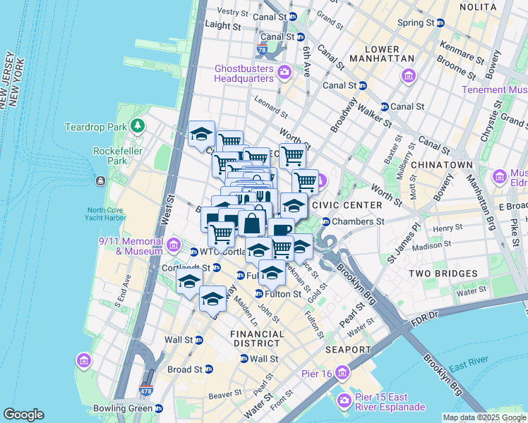 map of restaurants, bars, coffee shops, grocery stores, and more near in New York