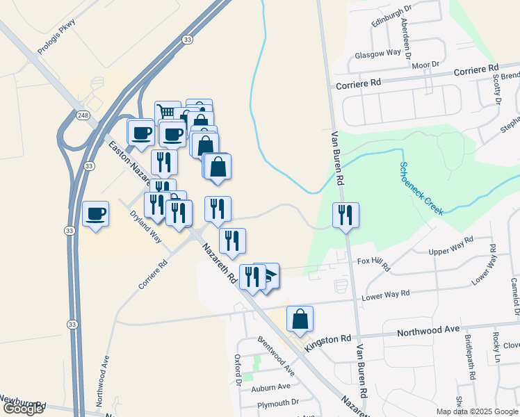 map of restaurants, bars, coffee shops, grocery stores, and more near 3600 Corriere Road in Easton