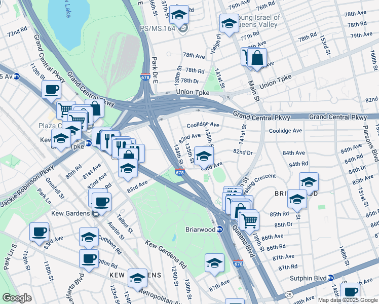 map of restaurants, bars, coffee shops, grocery stores, and more near Hoover Ave & 135th St in Queens