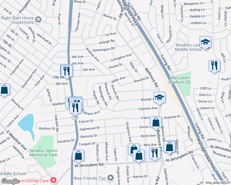 map of restaurants, bars, coffee shops, grocery stores, and more near Sussex Road in East Meadow