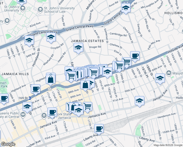 map of restaurants, bars, coffee shops, grocery stores, and more near 87-10 Midland Parkway in Queens