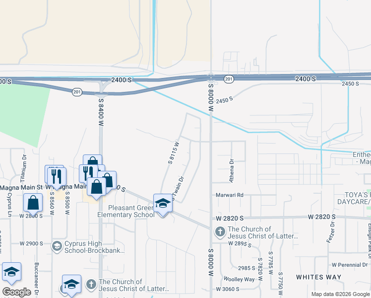 map of restaurants, bars, coffee shops, grocery stores, and more near 8088 Emerson Circle in Magna