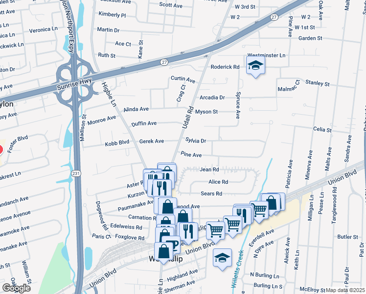 map of restaurants, bars, coffee shops, grocery stores, and more near 700 Pine Avenue in West Islip