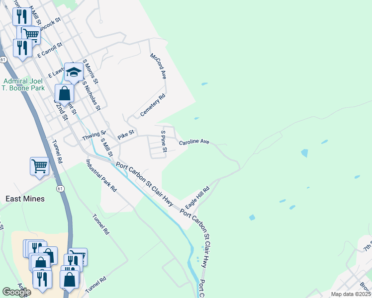 map of restaurants, bars, coffee shops, grocery stores, and more near 86 Caroline Avenue in Pottsville