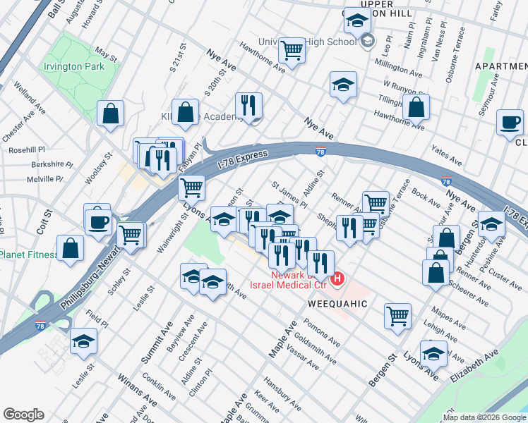 map of restaurants, bars, coffee shops, grocery stores, and more near 87 Willoughby Street in Newark