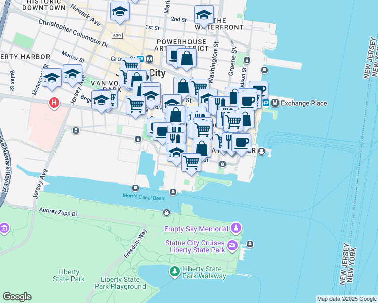 map of restaurants, bars, coffee shops, grocery stores, and more near 115 Morris Street in Jersey City