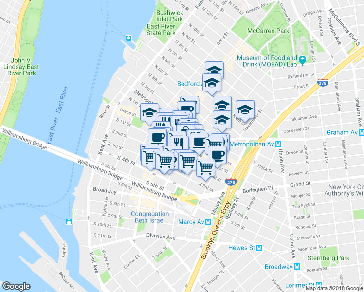 map of restaurants, bars, coffee shops, grocery stores, and more near 706 Driggs Avenue in Brooklyn