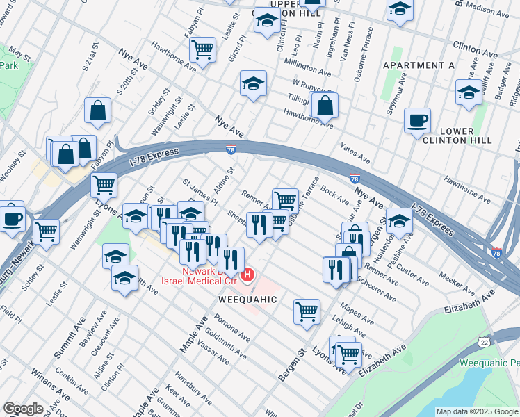 map of restaurants, bars, coffee shops, grocery stores, and more near in Newark