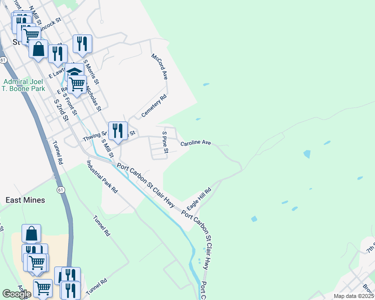 map of restaurants, bars, coffee shops, grocery stores, and more near 86 Caroline Avenue in Pottsville