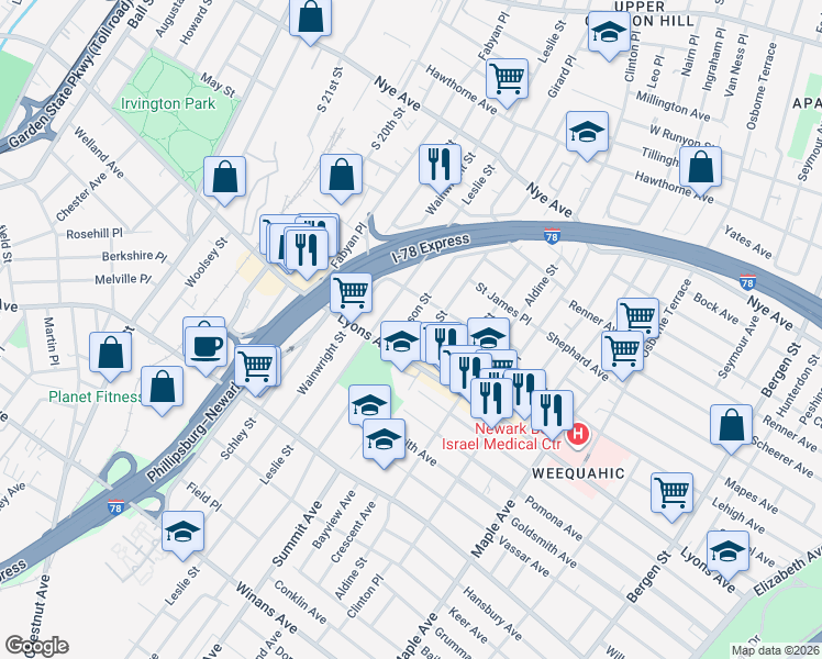 map of restaurants, bars, coffee shops, grocery stores, and more near 190 Hobson Street in Newark