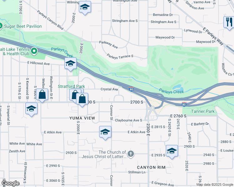 map of restaurants, bars, coffee shops, grocery stores, and more near 2177 East Mabey Drive in Salt Lake City