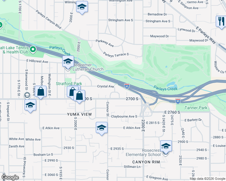 map of restaurants, bars, coffee shops, grocery stores, and more near 2177 East Mabey Drive in Salt Lake City