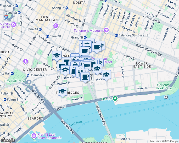 map of restaurants, bars, coffee shops, grocery stores, and more near 80 Henry Street in New York