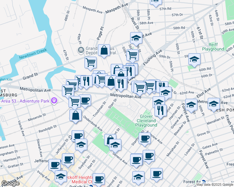 map of restaurants, bars, coffee shops, grocery stores, and more near 51-15 Flushing Avenue in Queens