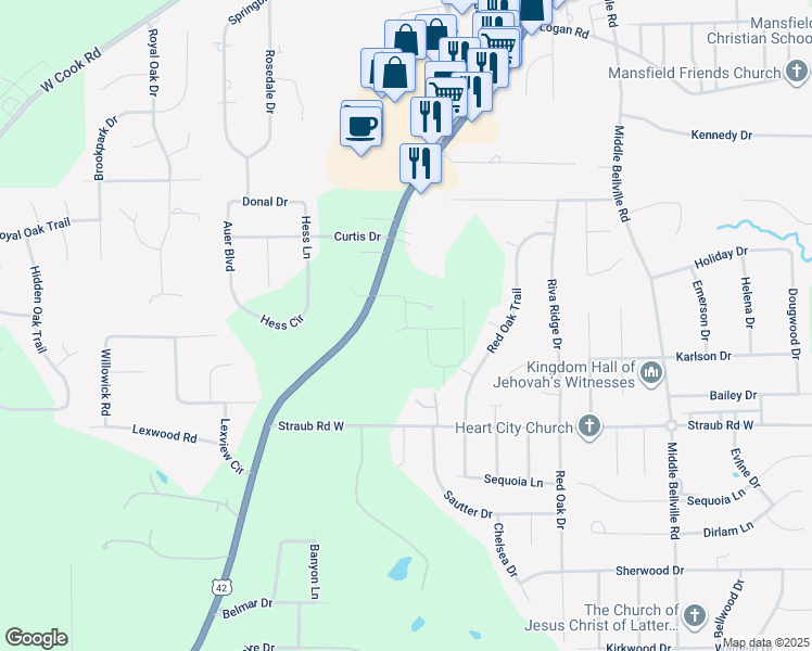 map of restaurants, bars, coffee shops, grocery stores, and more near 1680 Executive Drive in Mansfield