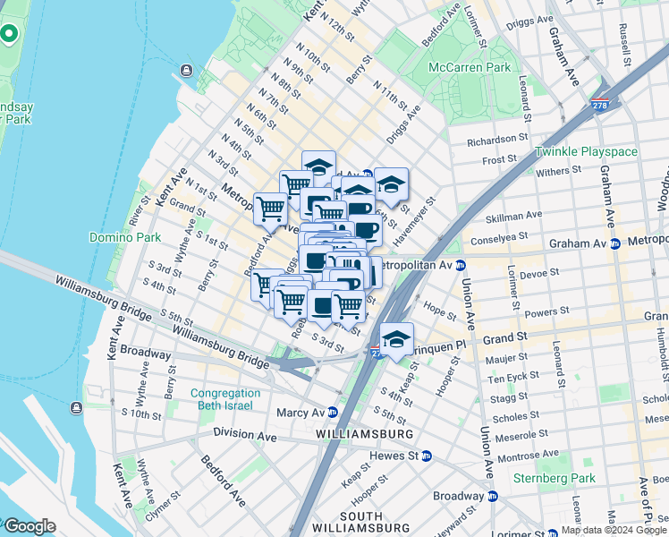 map of restaurants, bars, coffee shops, grocery stores, and more near 124-128 Havemeyer Street in Brooklyn