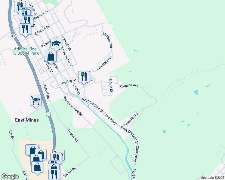 map of restaurants, bars, coffee shops, grocery stores, and more near 2001 South Pine Street in Pottsville