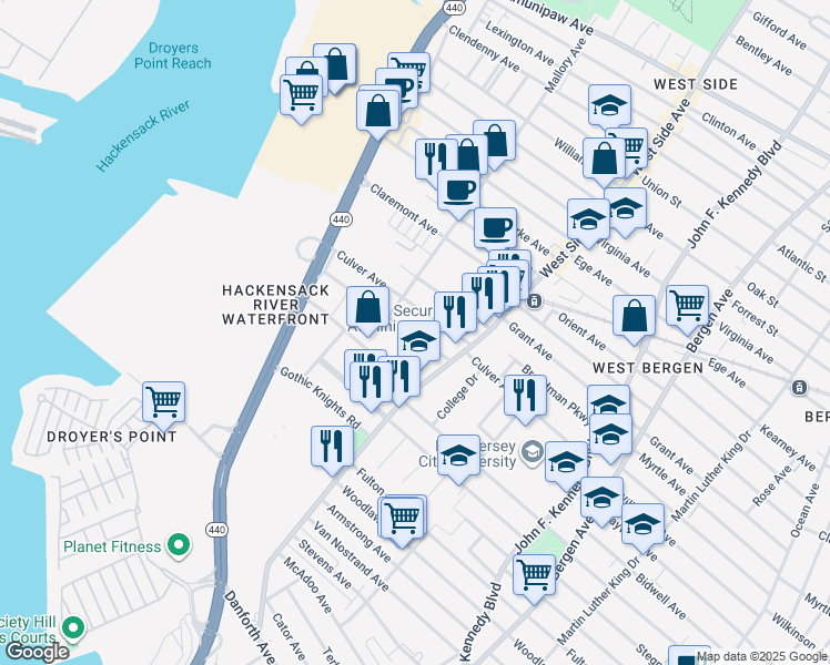 map of restaurants, bars, coffee shops, grocery stores, and more near 27 Fisk Street in Jersey City
