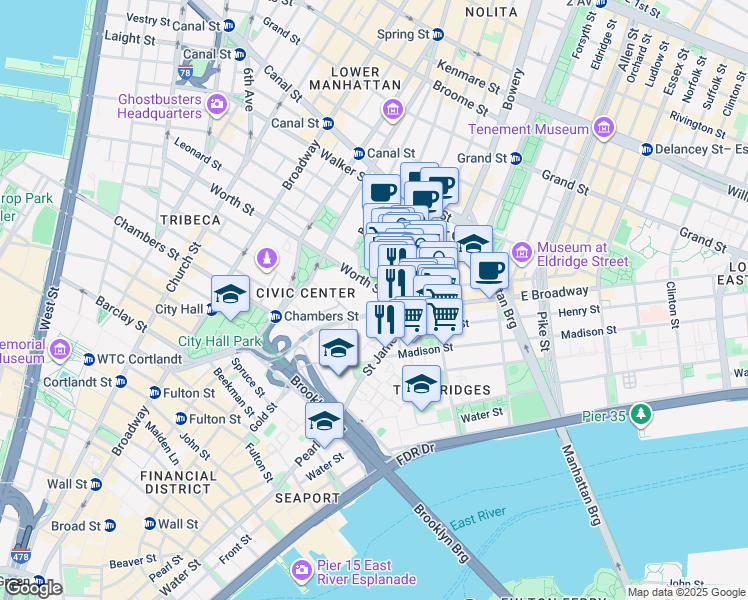 map of restaurants, bars, coffee shops, grocery stores, and more near 215 Park Row in New York