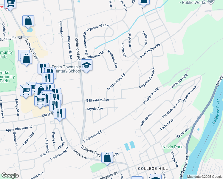 map of restaurants, bars, coffee shops, grocery stores, and more near 207 Frost Hollow Road in Easton